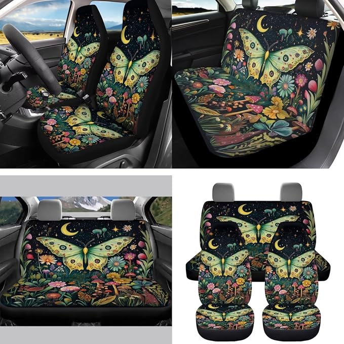 Moon Moth Seat Covers for Cars Full Set 15 Pcs Car Accessories Steering Wheel Cover Seat Belt Pads Car Coasters Trash Bag Rearview Mirror Cover Keychain