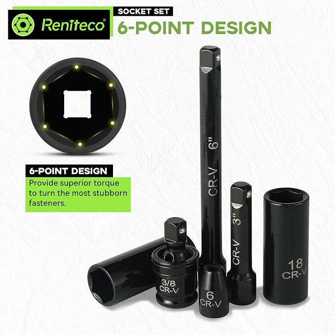 Reniteco 56-Piece 3/8" Drive Socket Set, SAE (5/16"-3/4") & Metric (8mm-22mm), Deep & Shallow, Ratchet Handle, Extension Bars, Adapter, Universal Joint, Power Drill Adapters, Spark Plug Sockets, CR-V
