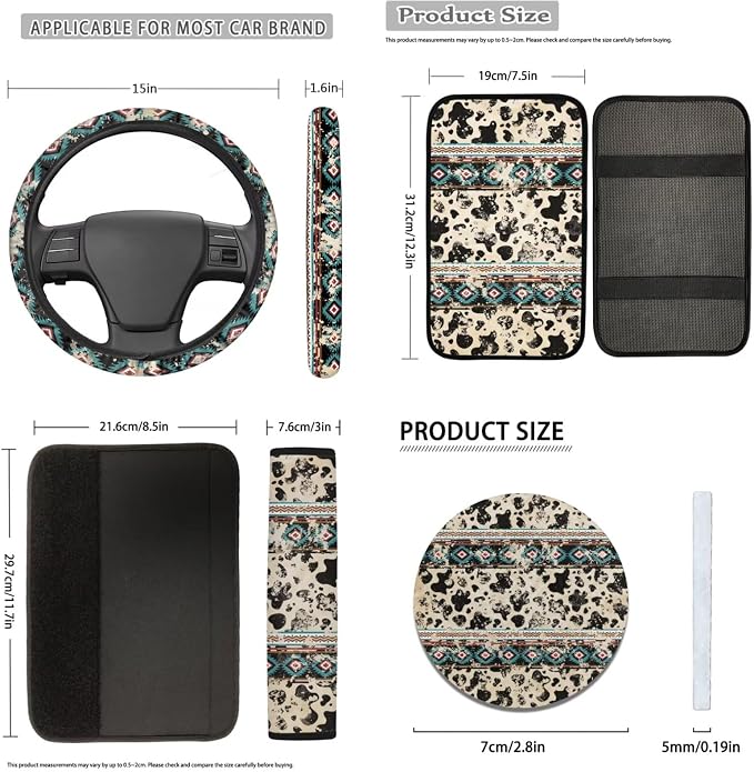 Western Aztec Cow Automotive Seat Cover Full Set Car Protection Accessory,Comfy Elastic Front Rear Bench Seat Cover for Most Vehicle,Steering Wheel Cover,Cow Keychain,Coaster,Seat Belt,Armrest