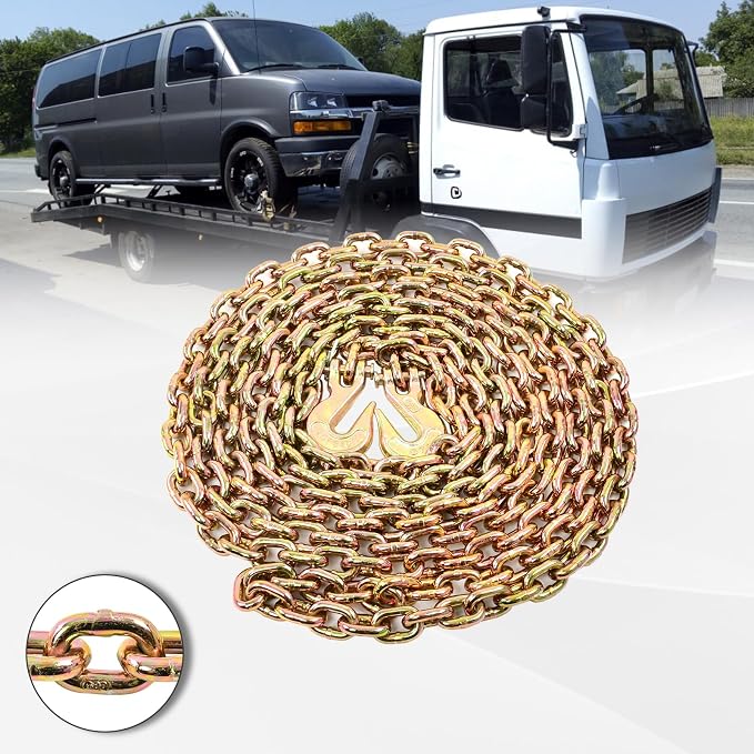 Heavy Duty G80 Transport Binder Chain 5/16'' Inch x 20 Feet,Tow Chain with G70 Clevis Grab Hooks,4900 lbs Safe Working Load Logging for Transporting, Towing(5/16'' x 20FT Yellow).