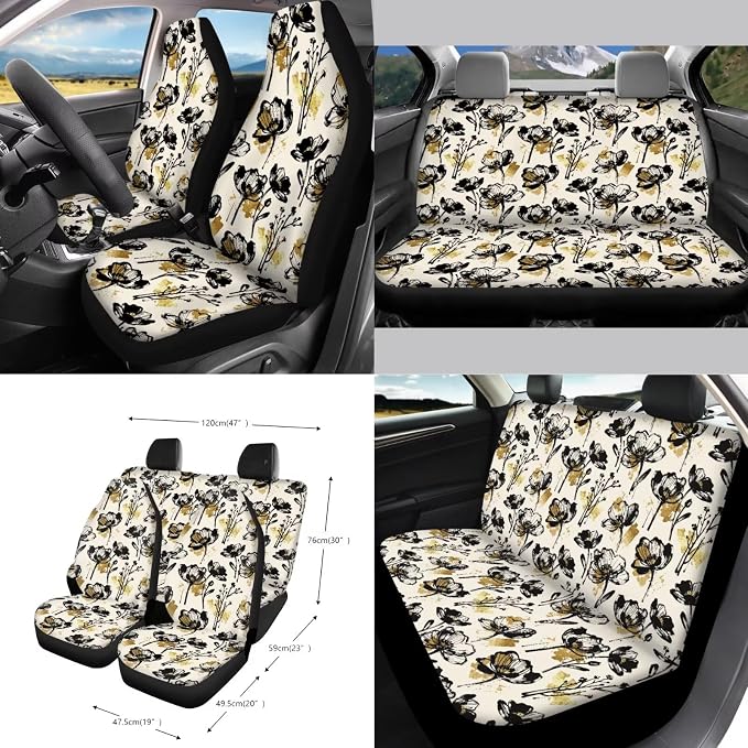 Flower Print Car Seat Cover Full Set Universal & Decorative Front and Rear Split Bench Seat Covers with Steering Wheel Cover Safety Belt Pads Rear View Mirror Protector Keychain