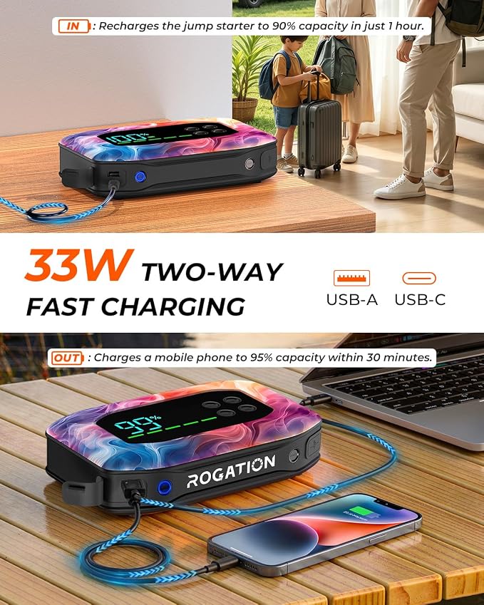3000A Jump Starter with Air Compressor, Portable Car Battery Jump Starter, 12V Booster for Gas/Diesel Engines, 150PSI Tire Inflator 14800ma/h 33W Bidirectional Fast Charging Power Bank-Black