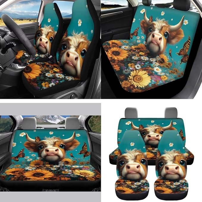15 Pcs Floral Butterfly Cattle Auto Interior Accessories Car Seat Covers with Auto Steering Wheel Cover Seat Belt Covers Car Trash Can View Mirror Cover Coaster Keychains