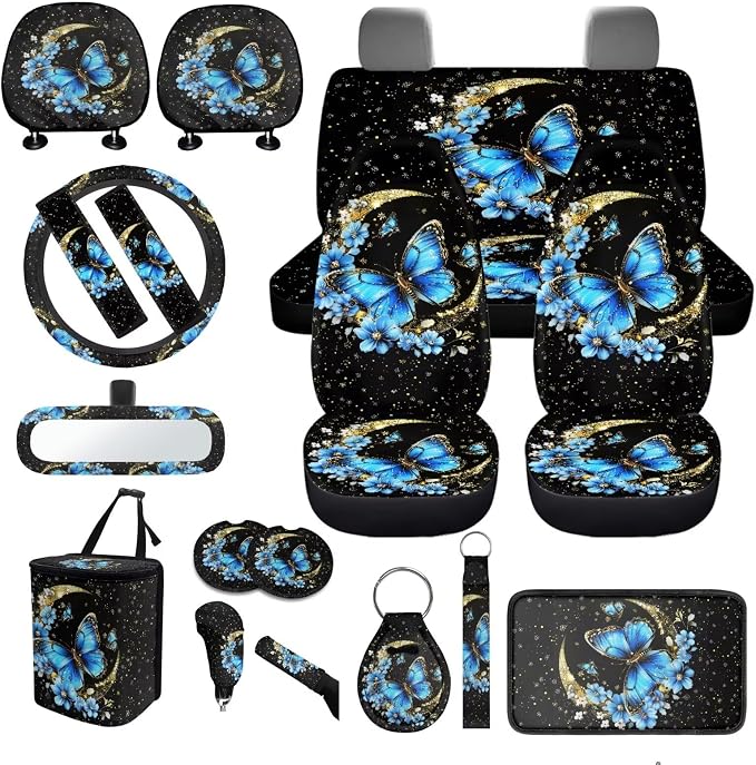Butterfly Moon Car Seat Covers Full Set 18 Pieces Universal Car Interior Accessories Set with Blue Butterfly Flower Print Car Seat Belt Pads Cover Car Headrest Covers Cup Coasters Keychain