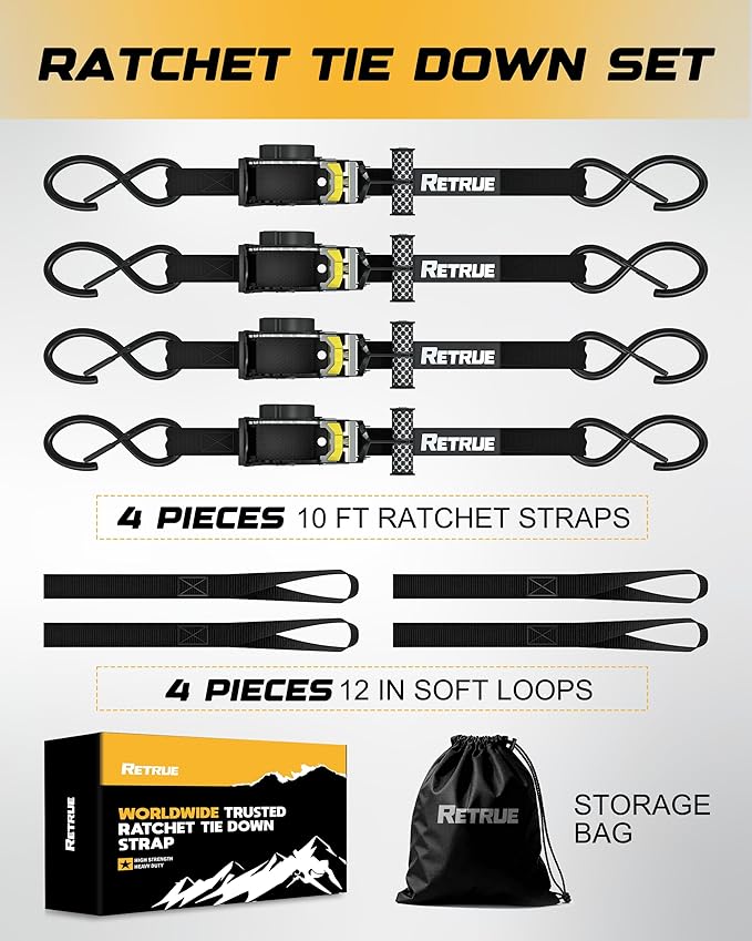 RETRUE Heavy Duty Self-Retracting Ratchet Straps, 10 Feet Retractable Ratchet Tie Down Straps with 1,500lb Break Strength for Trailers, Motorcycles, ATVs, Moving, Cargo Handling & More, Black (4 Pack)