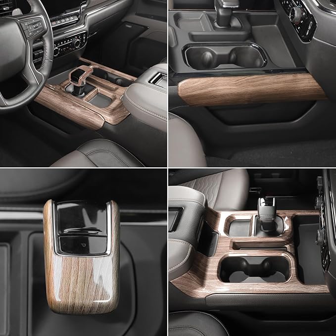for Silverado Center Console Gear Shift Panel Trim Cover Fit for Chevy Silverado 2022+ Brown Wood Grain Interior Accessories 4pcs