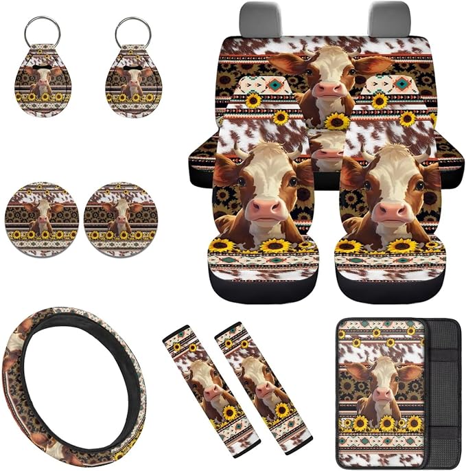 Aztec Cow 12 Pack Car Seat Covers Full Set with Steering Wheel Cover Arm Rest Cover Car Cup Coasters Auto Seat Belt Cover Easy to Install Universal Fit for Vehicles,Cars,Suvs