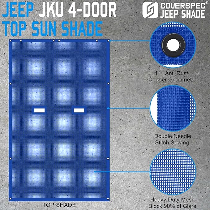 JK Sun Shade Top Compatible with Jeep Wrangler 4 Door 2007 to 2018 Sunshade Sunroof Bikini Cover Blocks UV Wind Noise Blue Mesh for Full Length