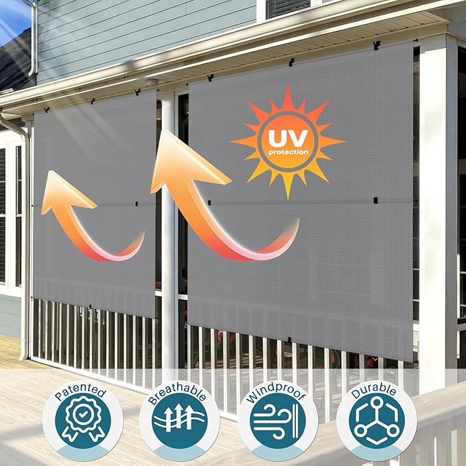 Coarbor Outdoor Roller Shades 7'W x 8.5'H Porch Sun Shades Outdoor Roll Up Blinds for Patio Porch Gazebo Balcony Backyard, Light Grey
