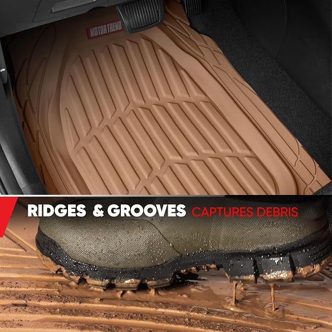Motor Trend FlexTough Contour Liners Deep Dish 3 pc Rubber Floor Mats & Trimmable Trunk Liner Cargo Mat - Heavy Duty All Weather Protection Car Mats with Traction Grips Car Accessories (Beige)