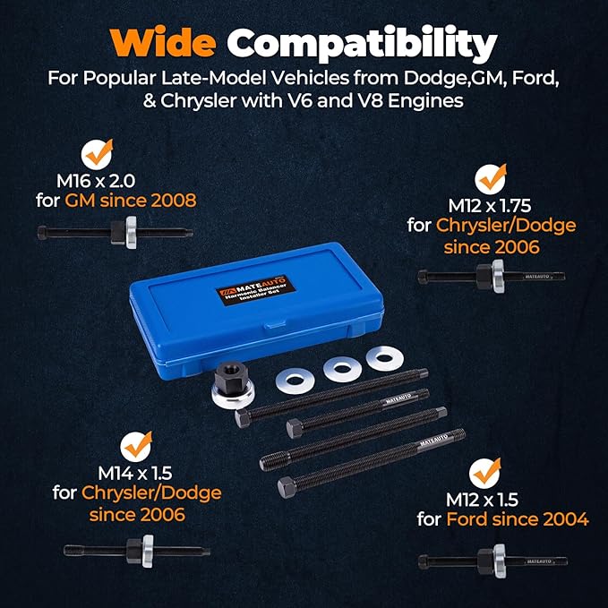 5Pcs Harmonic Balancer Installer Set, Long Reach Crank Pulley Underdrive Pulley Damper Installation Tool Kit with 4 Adapters, Nut Bearing, Washer Compatible with GM V8 and V6 Engines