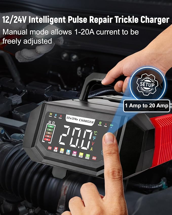 1-20A Smart Battery Charger, 12V/24V Automatic Automotive Battery Maintainer & Desulfator with Temperature Compensation, Adjustable Amp Trickle Charger for Lead-Acid, AGM, Gel, LiFePO4