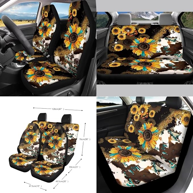Wanyint Aztec Sunflower Leopard Cow Print 15 PCS Car Seat Covers Set, with Car Seat Protector Steering Wheel Cover Seat Belt Covers Trash Bin Sunglasses Pocket Rear View Mirror Cover Coasters Keychain