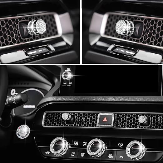 for Honda Civic Accessories 2026 2025 2022-2024 for CRV 2026 2025 2024 2023 for Acura Integra 2025 2024 2023 Hazard Light, AC Knob Cover, Air Vent, Radio, Push Start Button Cover Ring 11Pcs (Bling)