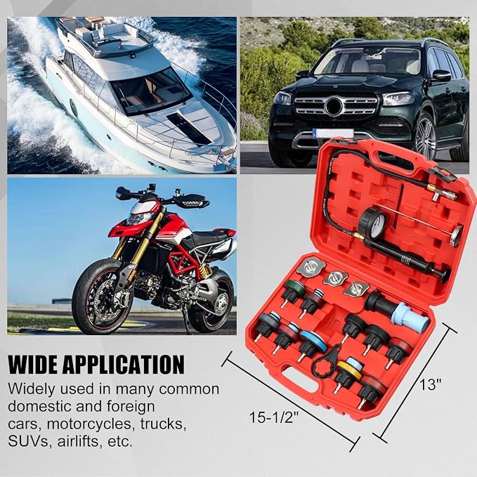 Radiator Pressure Tester Kit, 18PCS Automotive Water Tank Manual Pump Pressure Test Tool and Adapters Work on Cooling System Leak Down Detection for Cars Motorcycles Trucks Airlifts, Red