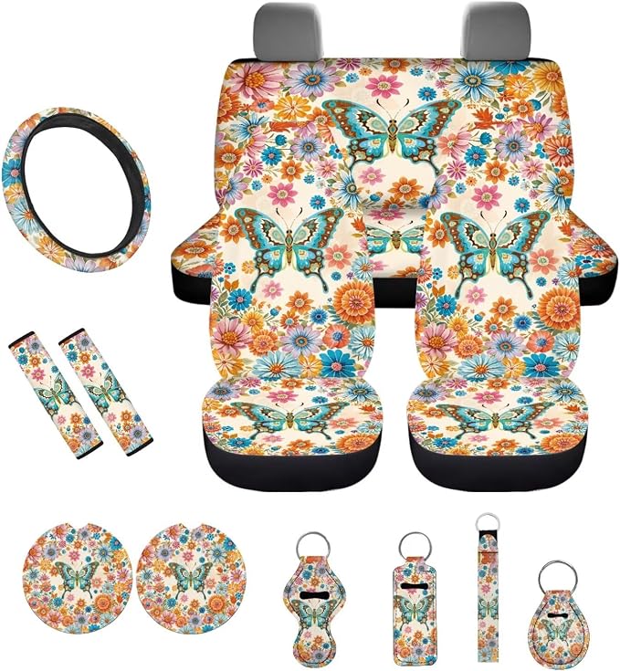 Car Accessories Car Seat Covers Full Set with Steering Wheel Covers+Seat Belt Pads+Coasters+Keychain+Lipstick Holder Universal Fit(13 Pack), Vibrant Boho Mandala Butterfly