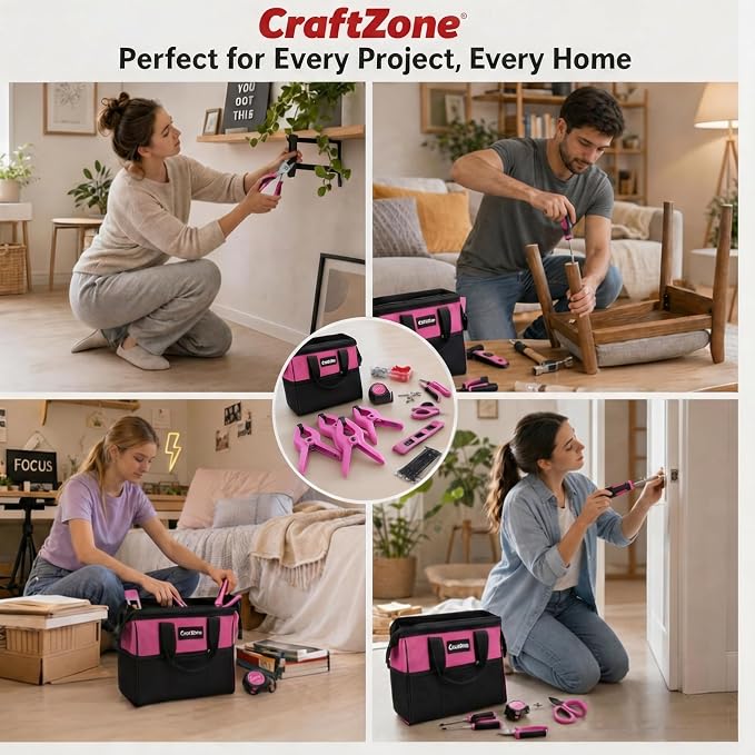 CRAFTZINE 231PCS Pink Tool Kit for Home and Auto Repair, Portable Tool Bag with Wide Mouth Storage | Mechanic Hand Tool Set for Women - Pink Ribbon Design | Pink Ribbon Design