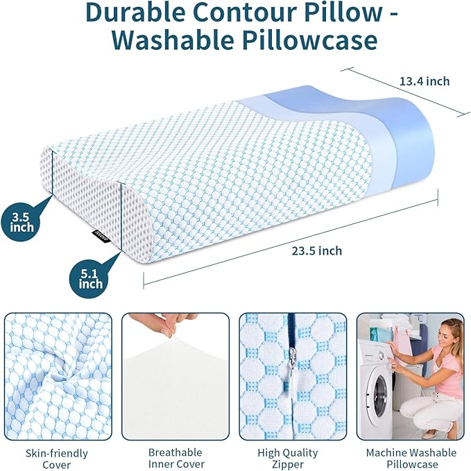 Memory Foam Pillows Neck Pillow for Pain Relief, Ergonomic Cervical Pillow Neck Shoulder Support Bed Pillow for Side Back Stomach Sleeper, Orthopedic Contour Pillow for Sleeping(Blue&White)