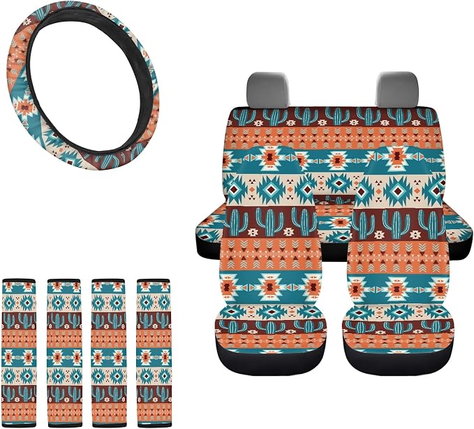 Aztec Cactus Car Seat Cover Full Set with Tribal Car Seat Cover with Steering Wheel Cover, Shoulder Pads, Aztec Seat Covers Auto Accessories Universal Fit for Most Cars