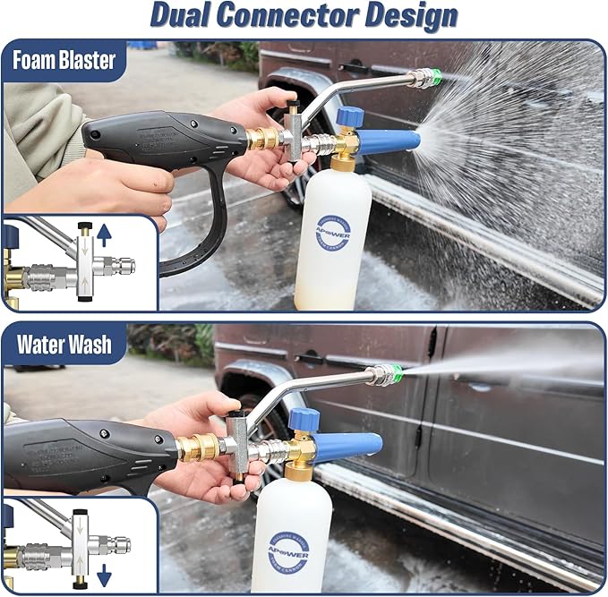 Foam Cannon Dual Connector for Pressure Washer, Double Tip Attachment for Soap Cannon, Pressure Washer Gun and 7 Power Washer Sprayer Nozzles Tips for Car Wash Kit