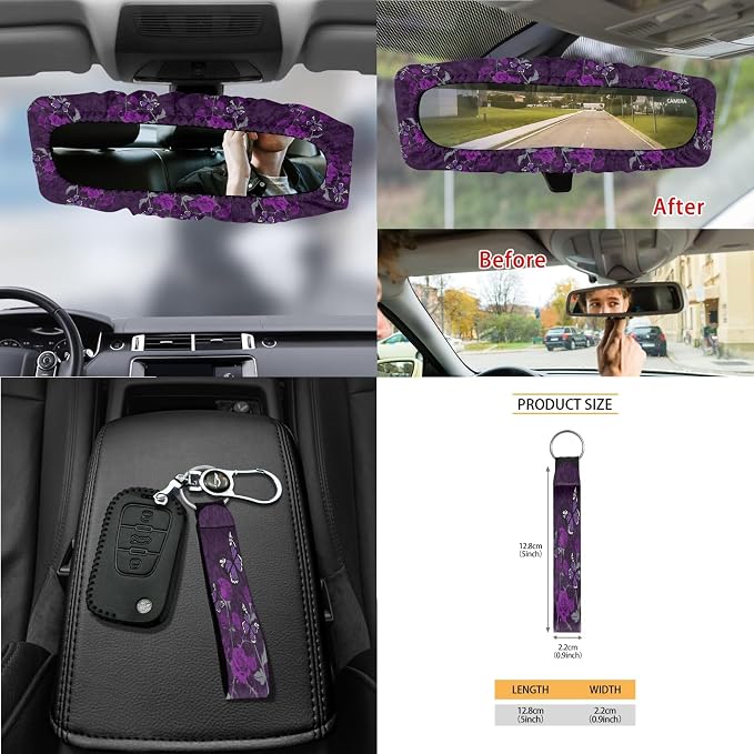 Purple Butterfly Rose Print 15 PCS Car Front Back Seat Covers Full Set, Steering Wheel Cover Trash Bag Seatbelt Strap Pad Air Vent Storage Bag Rearview Mirror Cover Coasters Key Chain