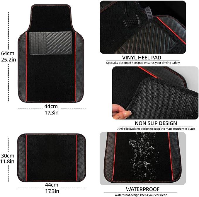 NBTEPEM 10 Pcs Car Floor Mats Full Set Car Accessories, Microfiber Leather Steering Wheel Covers 14.5-15 inch, Center Console Cover, Seat Belt Pads, Cup Coasters, Universal Interior Decor(Red)