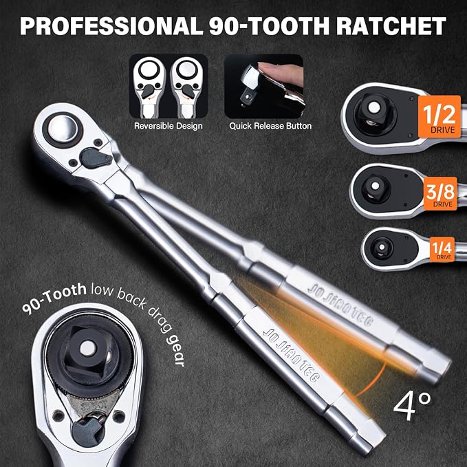 86-Piece Mechanics Tool Set, 1/4" 3/8" 1/2" Shallow Drive Socket & Ratchet Set, SAE/Metric, 90-Tooth Ratchet, Extension Bars, CR-V Steel Tool Kit with Storage Case