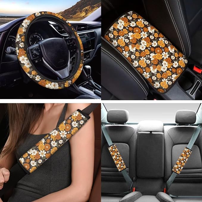 Retro Hippie Flower Seat Covers for Car 12pcs Daisy Sunflower Car Steering Wheel Cover Seatbelt Pads Armrest Pads Floral Coaster Keychain for Most Vehicle Interior Set Decorative