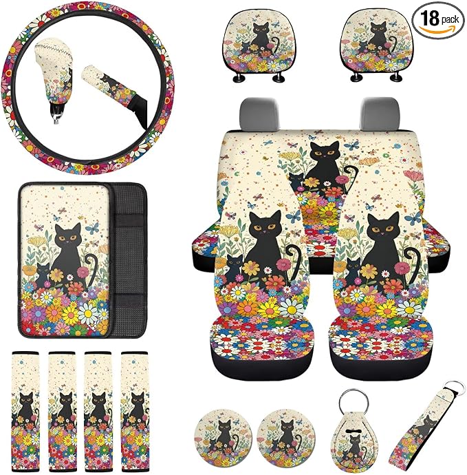 Cat Daisy Print 18Pcs Car Seat Cover Full Set Includes Auto Seat Covers Headrest Covers Steering Wheel Cover Safety Belt Pad Center Console Pad, Car Interior Accessories Set