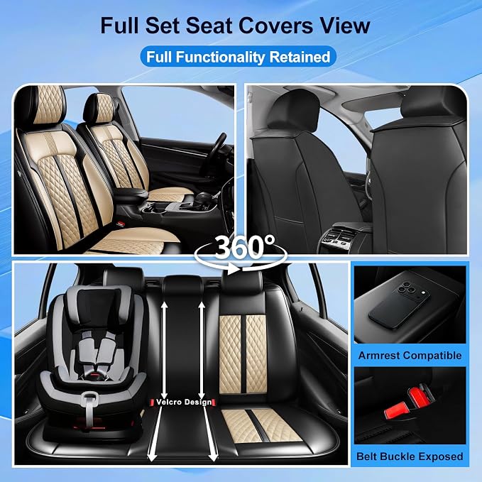 Fit Verano Car Seat Covers for Select Buick Verano 2012-2017 - Premium Full Coverage Leather, Airbag Compatible, Waterproof & All Weather Seat Cushion Protector, Front Pair Black+Beige