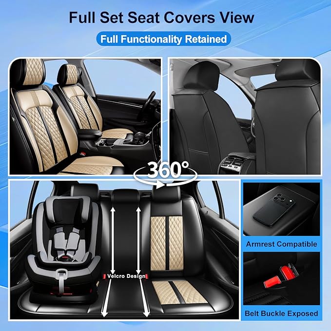 Fit STS Car Seat Covers for Select Cadillac STS 2005-2011, Premium Full Coverage Leather, Airbag Compatible & Scratch-Resistant, Waterproof & All Weather Seat Protector, Full Set, Black+Beige