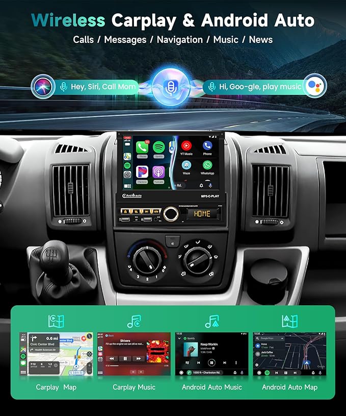 Single Din Car Stereo with Wireless Carplay Android Auto, 7" Motorized Flip Out Touchscreen Bluetooth Upgrade Car Radio with Mirror Link FM Dual USB/AUX/SD Card Ports Mic Rear View Camera