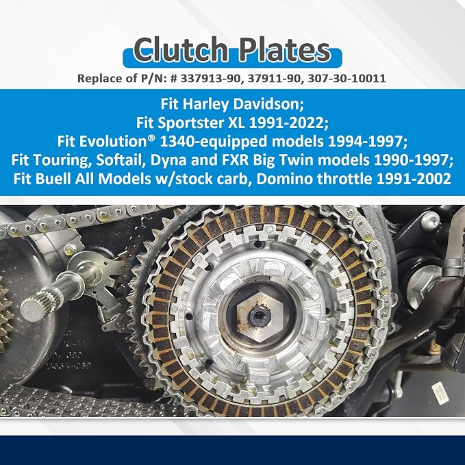 Wsays Friction Steel Extra Clutch Plates Kit Compatible with Harley Sportster XL 1991-2022, Fit Touring Softail Dyna and FXR Big Twin 1990-1997, Fit Evolution 1340 1994-1997, Fit Buell All 1991-2002
