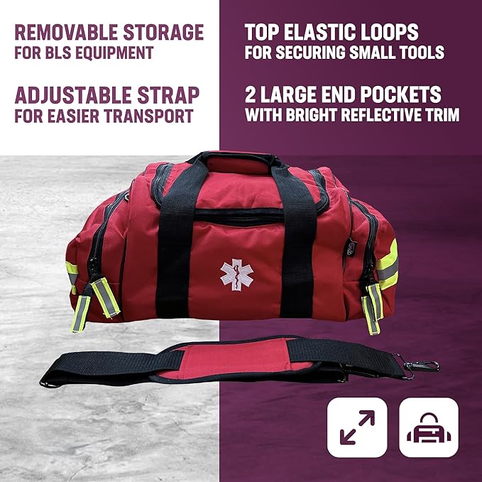 Kemp USA Maxi Trauma EMS Medical Bag Red 600D Nylon Water Resistant First Aid Kit Organizer Large Paramedic Emergency Response Bag with Reflective Trim Adjustable Strap