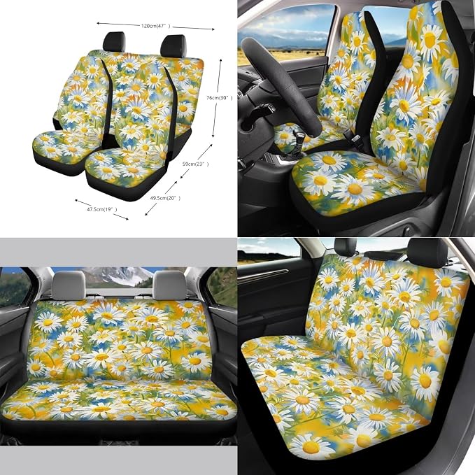 Car Seat Covers 13PCS Car Accessories Steering Wheel Covers+Seat Belt Pads+Coaster+Key Ring+Lipstick Holder Auto Interior Decor,Black, Colored Daisy Floral Print