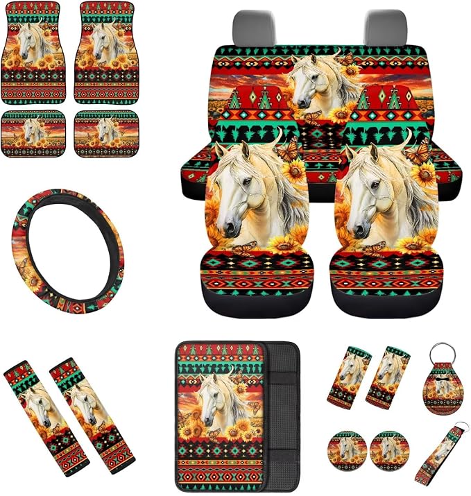 Aztec Horse Print Car Seat Covers Full Set with Steering Wheel Cover Floor Mats Armrest Pad Seat Belt Pads Roof Handle Wraps Cup Coaster Keychain Auto Interior Accessories Set of 18