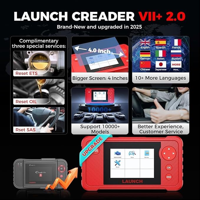 LAUNCH Creader VII+ V2.0 OBD2 Scanner, 2026 New Engine/Transmission/ABS/SRS Diagnostic Scan Tool With Oil Reset/Throttle Adaption/SAS Relearn, Check Engine Code Reader, Full OBD2, Lifetime Free Update
