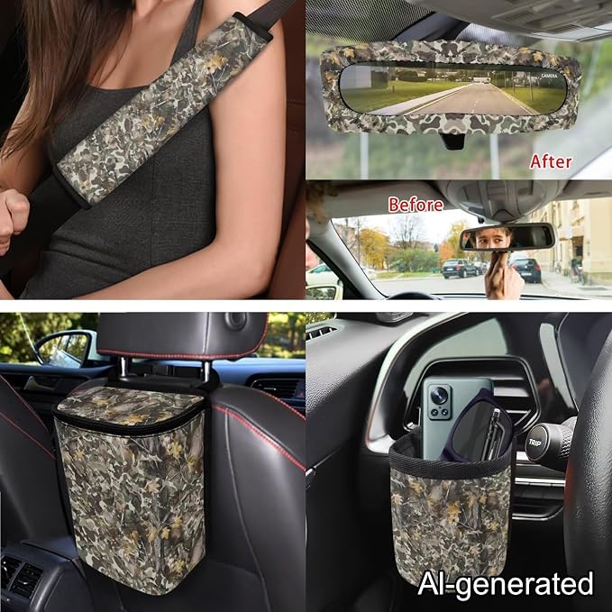 Dreaweet Car Seat Covers Full Set 15 Pcs Camo Deer Hunting Seat Covers with Steering Wheel Cover Seat Belt Pads Trash Bag Air Vent Pouch Rear View Mirror Cover Coasters Keychain