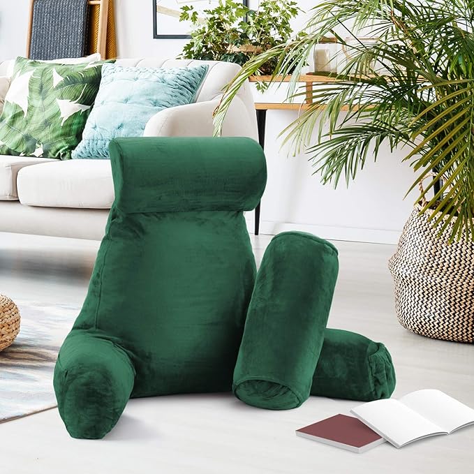 Nestl Reading Pillow with Shredded Memory Foam Includes 2 Neck and Lumber Support Pillows, Designed for Sitting Up in Bed and Couch, Back and Arms Adjustable Support for Adult & Teens, Dark Green