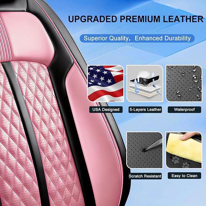 Fit Encore GX Car Seat Covers for Select Buick Encore GX 2020-2025 2026 - Full Coverage Leather, Airbag Compatible, Waterproof & All Weather Seat Cushion Protector, Front Pair Black+Pink