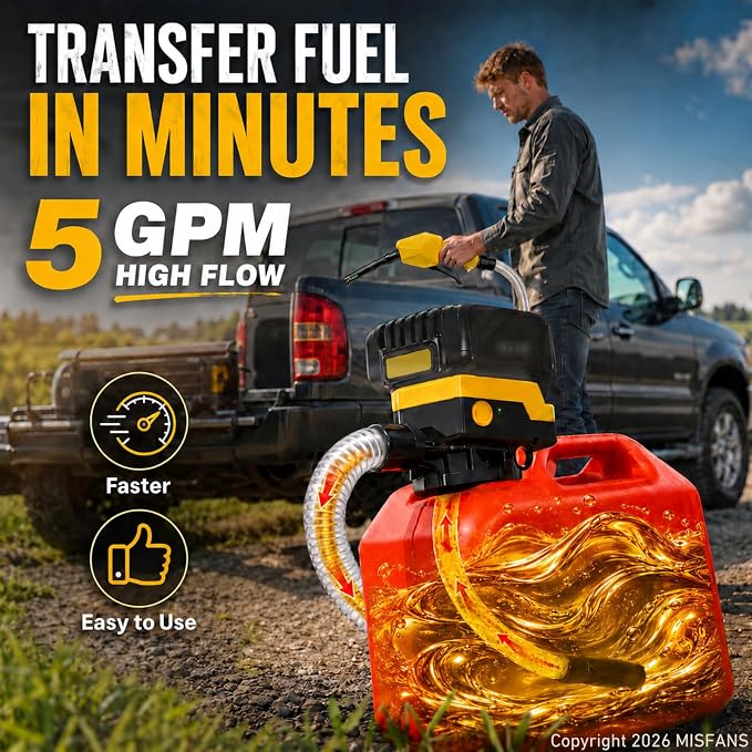 5 GPM Auto-Stop Cordless Fuel Transfer Pump with Hand Trigger Nozzle, Gas Can Pump Compatible with DeWalt 20V & Milwaukee 18V batteries, Portable Electric fuel Pump with Gasoline, Diesel (Bare tool)
