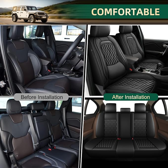 Seat Covers Compatible with Jeep Cherokee 2014-2023 2026 - Full Set 5 Seats - Faux Leather Lumbar Support Seat Cover Waterproof Seat Protector (Black)