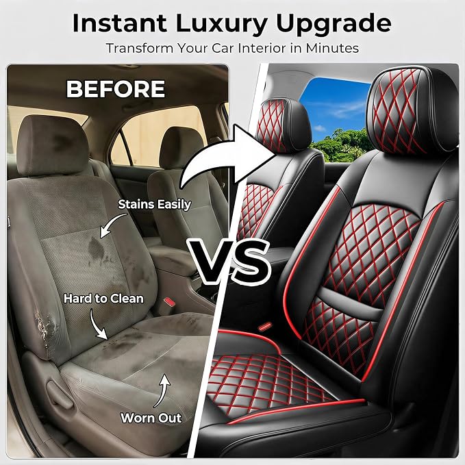Fit Expedition Car Seat Covers for Ford Expedition 2011-2025 2026(Only 5-Seat Version) - Luxury Leather, All-Weather Seat Cushions, Waterproof, Airbag Compatible, 2 Front Seats Only (Redline)