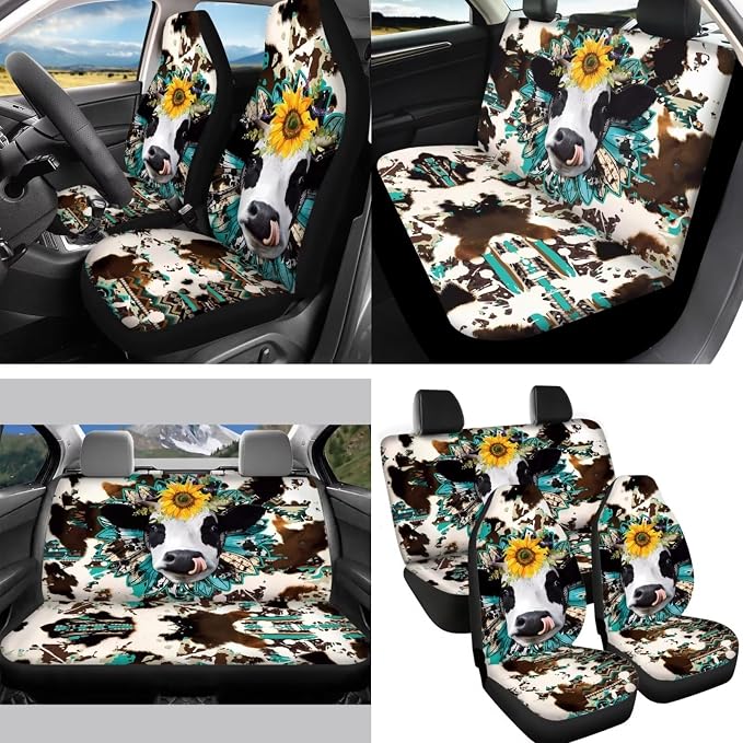 Cow Car Seat Covers Sets14pcs,Sunflower Western Cow Auto Seat Protector Pad+Seatbelt+Steering Wheel Cover+Car Coasters+ Interior Mirror Accessory+Cowhide Keychain for Women Men