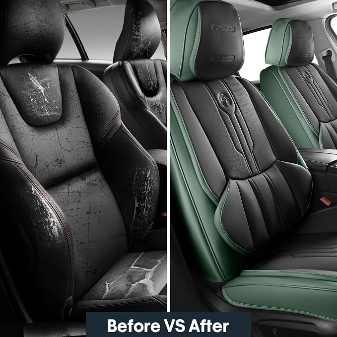 AOOG Seat Covers Custom Fit for Dodge Ram 1500/2500/3500 2002-2026 Faux Leather Seat Cover Set Compatible with Crew, Regular, Quad, Mega Cab, Car Truck Cushions(Blackgreen, Flat, Full Set)