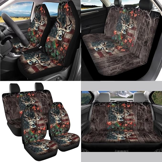 Deer Wood American Flag Maple Leaf Print Car Seat Covers Full Set, 13 Pieces Car Accessories Set, Universal Fit Steering Wheel Cover Safe Belts Cover Waterproof Coasters for Trucks SUV Van