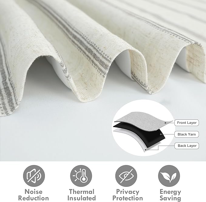 DriftAway Farmhouse Double Layer Linen Blackout Tie Up Curtains Thermal Insulated Vertical Striped Fully Lined Balloon Roman Shade Bathroom Window Adjustable Rod Pocket 45 Inch by 63 Inch Gray