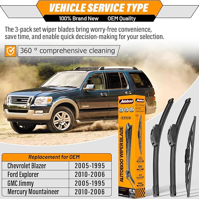 OEM Windshield Wiper Blade Replacement for GMC Jimmy Chevrolet Blazer 1995-2005 Ford Explorer Mercury Mountaineer 2006-2010 Original Equipment All-Season Rear Wiper Blade Set 20+20+13 (Set of 3)