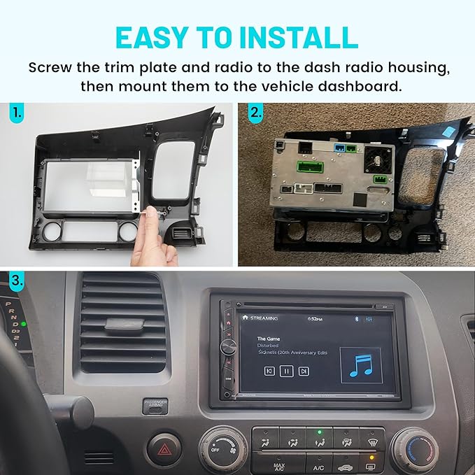 NuIth Double DIN Radio Dash Kits W/Radio Wire Antenna Plug for 2006-2011 Honda Civic 2Din Stereo Mount Housing Bracket W/Passenger Airbag Button, Civic Trim Bezel Kit Installation Aftermarket Stereo