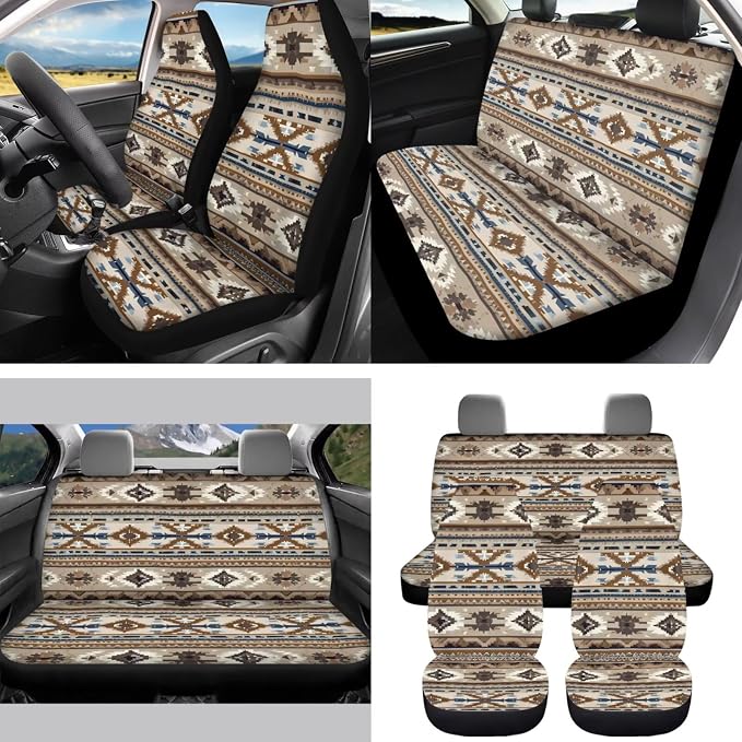 Southwest Aztec Car Seat Covers Set of 15 with Universal Steering Wheel Cover, Rearview Mirror Cover, Car Trash Can, Seatbelt Pads, Cup Holder Coasters, Keychains